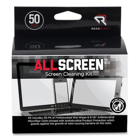 Read Right AllScreen Cleaning Kit with (1) 6 x 6 Microfiber Cloth, (50) 4 x 5 Wipes, Unscented, White, PK50 RR15039
